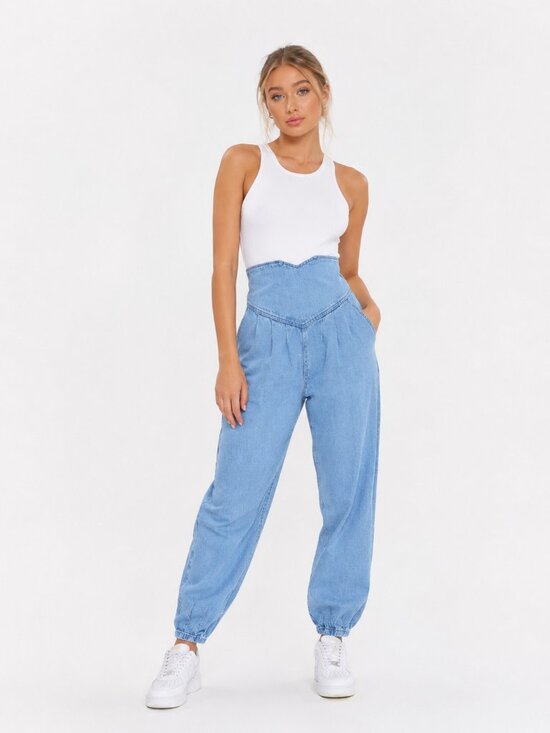Missguided Denim - Missguided Tall High Waisted Corset Pleated Balloon Jeans Light Wash Size 6